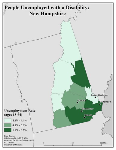 Map of NH showing rates of unemployment for people with disabilities. Text description on page.