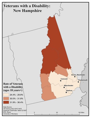 Map of NH showing rates of veterans with disability. Text description on page.