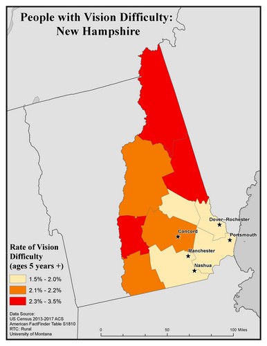 Map of NH showing rates of vision difficulty by county. Text description on page.