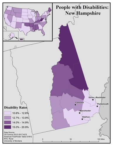 map of NH showing disability rate by county. Text description on page. 