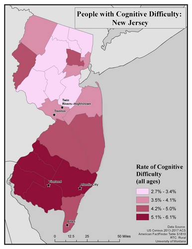 Map of NJ showing rates of cognitive difficulty. Text description on page.