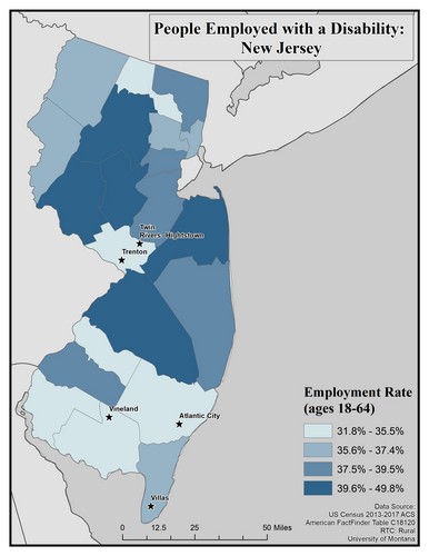 Map of NJ showing rates of people with disability employed. Text description on page.