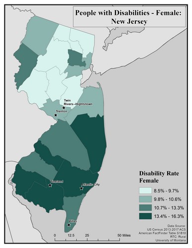 Map of NJ showing rates of disability among females. Text description on page. 