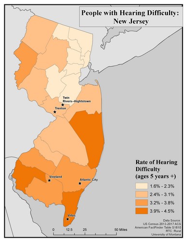Map of NJ showing rates of hearing impairment by county. Text description on page. 