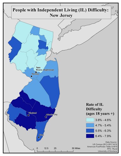 Map of NJ showing rates of IL difficulty. Text description on page.