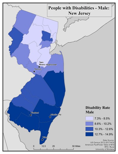 Map of NJ showing rates of disability among males. Text description on page. 