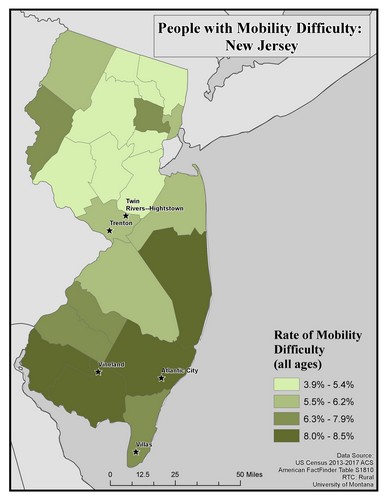 Map of NJ showing rates of mobility difficulty. Text description on page.
