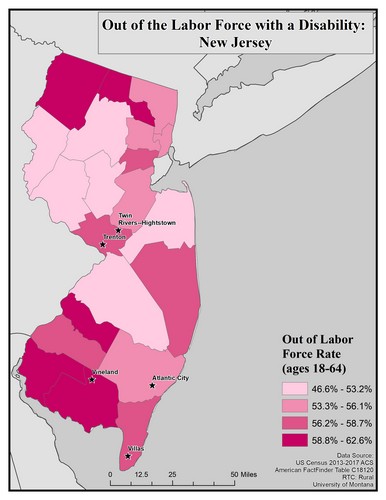 Map of NJ showing rates of people with disability out of labor force. Text description on page.