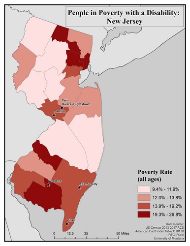 Map of NJ showing rates of people with disabilities in poverty. Text description on page.
