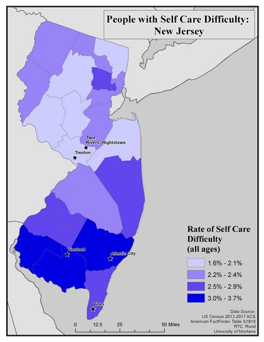 Map of NJ showing rates of self-care difficulty. Text description on page.