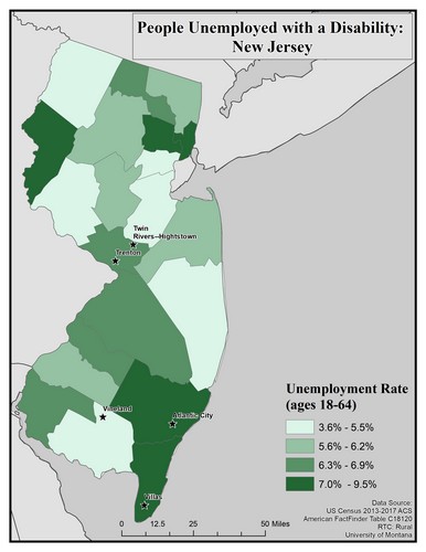Map of NJ showing rates of unemployment for people with disabilities. Text description on page.