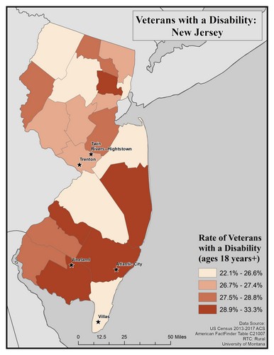 Map of NJ showing rates of veterans with disability. Text description on page.