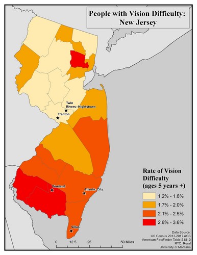 Map of NJ showing rates of vision difficulty by county. Text description on page.