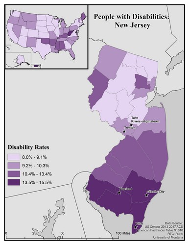 map of NJ showing disability rate by county. Text description on page. 