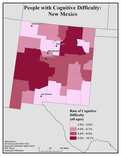 Map of NM showing rates of cognitive difficulty. Text description on page.