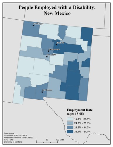 Map of NM showing rates of people with disability employed. Text description on page.