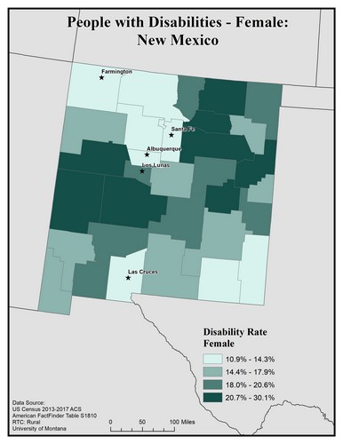 Map of NM showing rates of disability among females. Text description on page. 