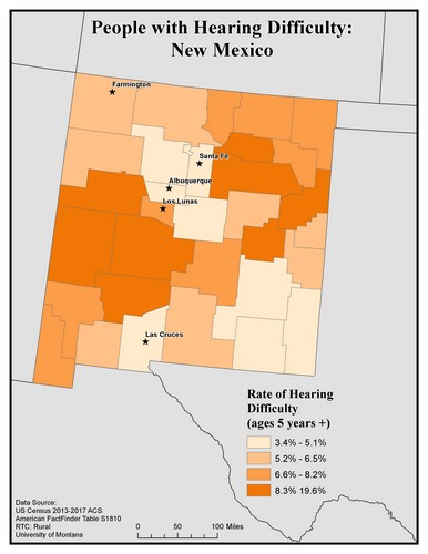 Map of NM showing rates of hearing impairment by county. Text description on page. 