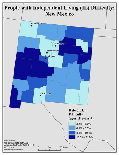 Map of NM showing rates of IL difficulty. Text description on page.