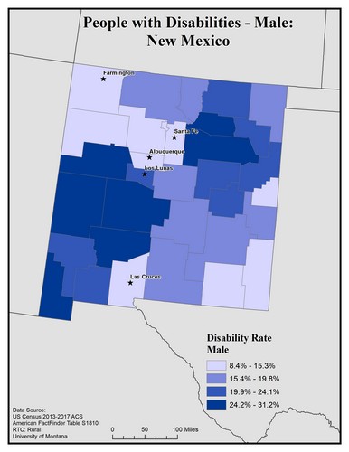 Map of NM showing rates of disability among males. Text description on page. 