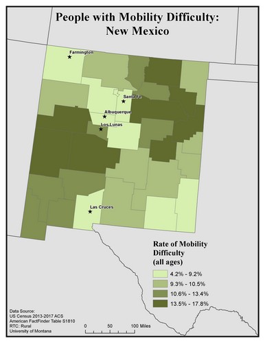 Map of NM showing rates of mobility difficulty. Text description on page.
