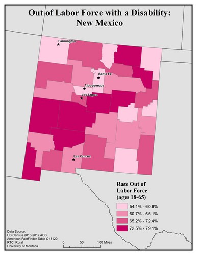 Map of NM showing rates of people with disability out of labor force. Text description on page.