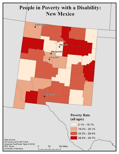 Map of NM showing rates of people with disabilities in poverty. Text description on page.