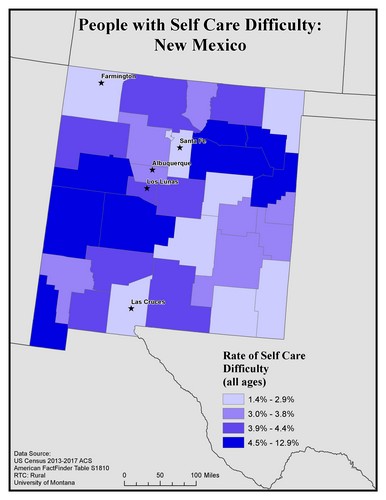 Map of NM showing rates of self-care difficulty. Text description on page.