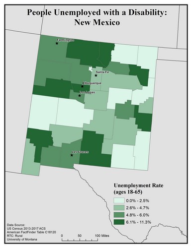Map of NM showing rates of unemployment for people with disabilities. Text description on page.