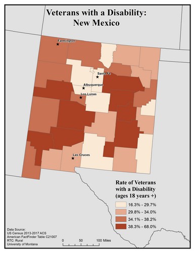 Map of NM showing rates of veterans with disability. Text description on page.
