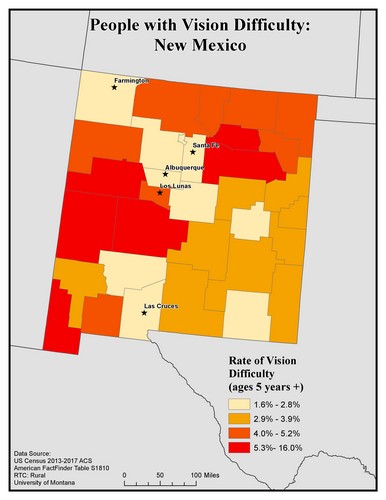 Map of NM showing rates of vision difficulty by county. Text description on page.