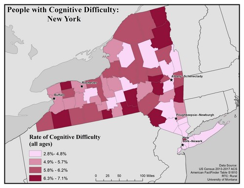 Map of NY showing rates of cognitive difficulty. Text description on page.