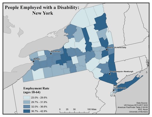 Map of NY showing rates of people with disability employed. Text description on page.