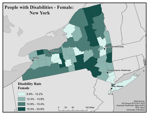 Map of NY showing rates of disability among females. Text description on page. 