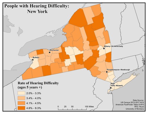 Map of NY showing rates of hearing impairment by county. Text description on page. 