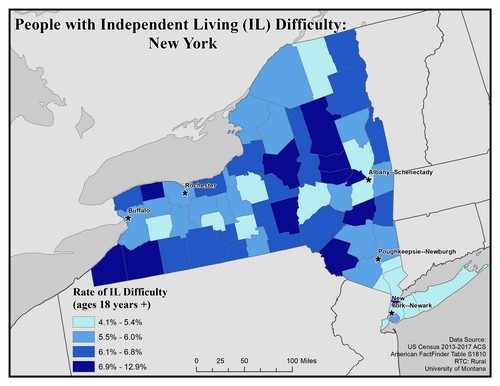 Map of NY showing rates of IL difficulty. Text description on page.