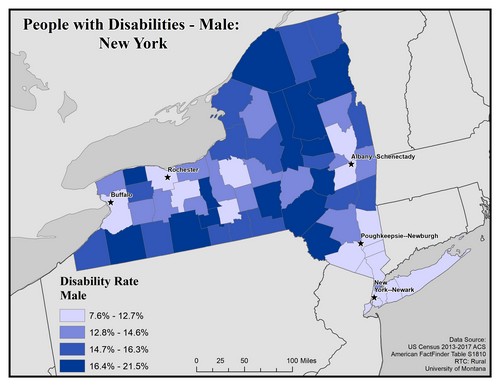 Map of NY showing rates of disability among males. Text description on page. 
