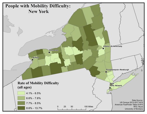 Map of NY showing rates of mobility difficulty. Text description on page.