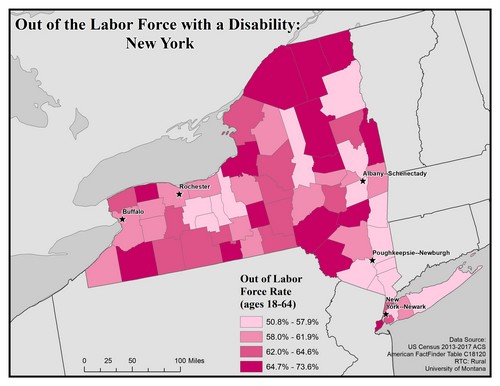 Map of NY showing rates of people with disability out of labor force. Text description on page.