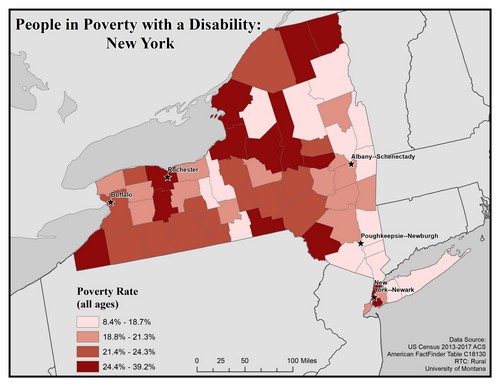Map of NY showing rates of people with disabilities in poverty. Text description on page.