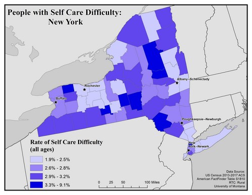Map of NY showing rates of self-care difficulty. Text description on page.