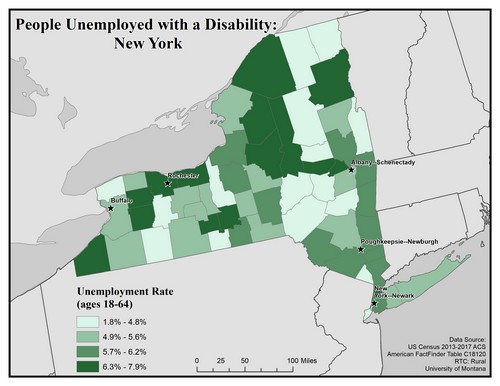 Map of NY showing rates of unemployment for people with disabilities. Text description on page.