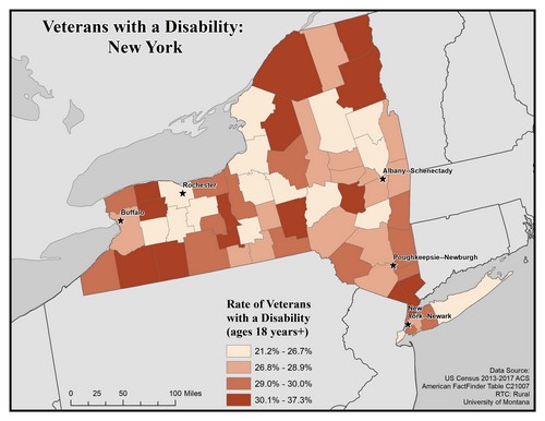Map of NY showing rates of veterans with disability. Text description on page.