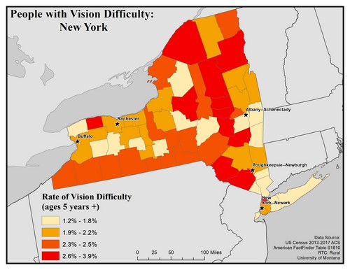 Map of NY showing rates of vision difficulty by county. Text description on page.