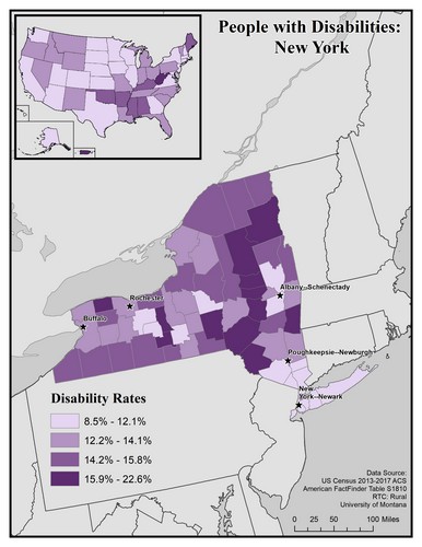 map of NY showing disability rate by county. Text description on page. 