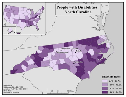 map of NC showing disability rate by county. Text description on page. 