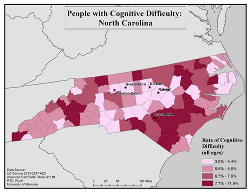 Map of NC showing rates of cognitive difficulty. Text description on page.