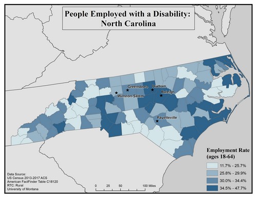 Map of NC showing rates of people with disability employed. Text description on page.