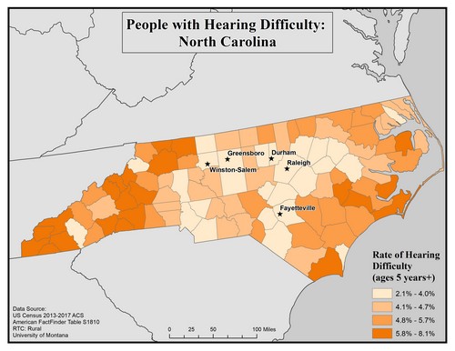 Map of NC showing rates of hearing impairment by county. Text description on page. 