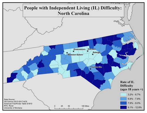 Map of NC showing rates of IL difficulty. Text description on page.